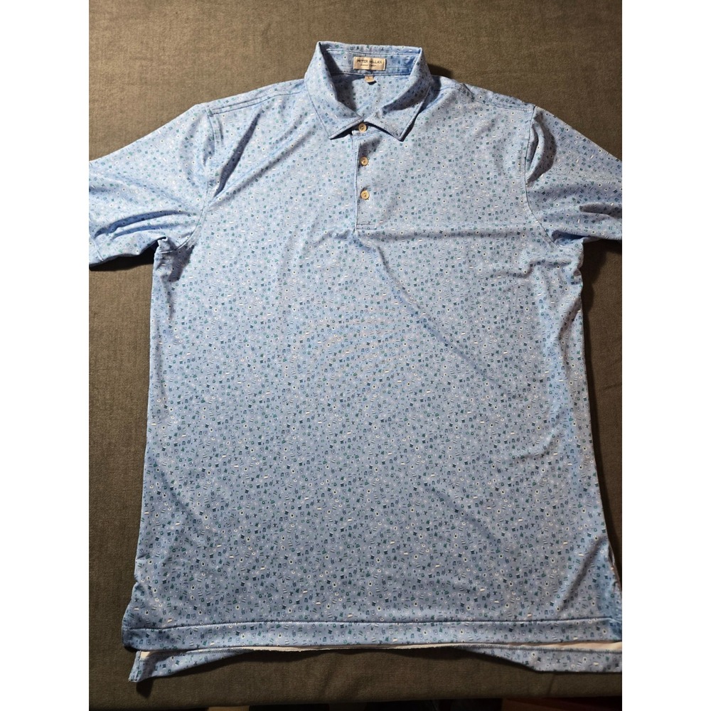 Peter Millar Polo Shirt Mens Large Graphic All Over Print Performance Golf Blue